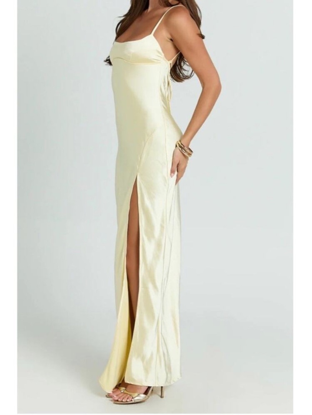 Showpo Natalie maxi dress satin scoop neck low tie back slip dress yellow lemon
